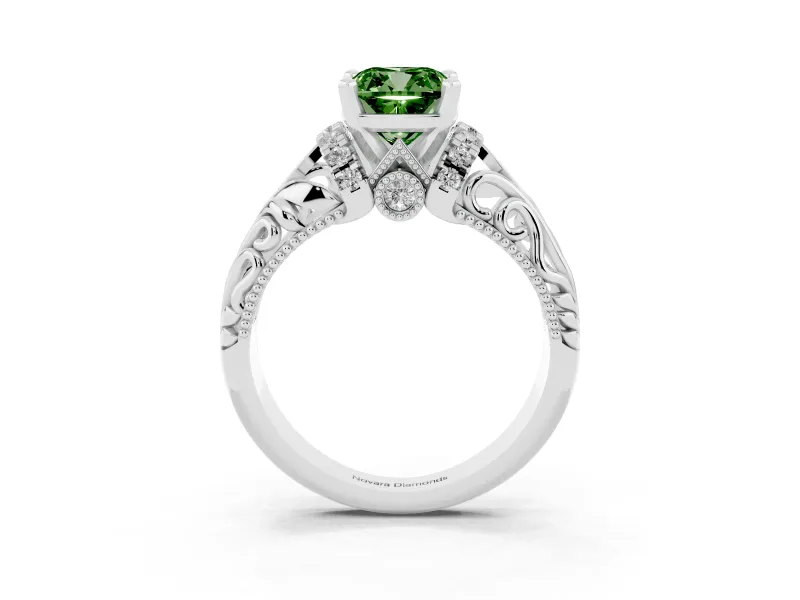 Fancy Green Cushion Cut Diamond Filigree Halo Engagement Ring Set in White gold with Prong Setting