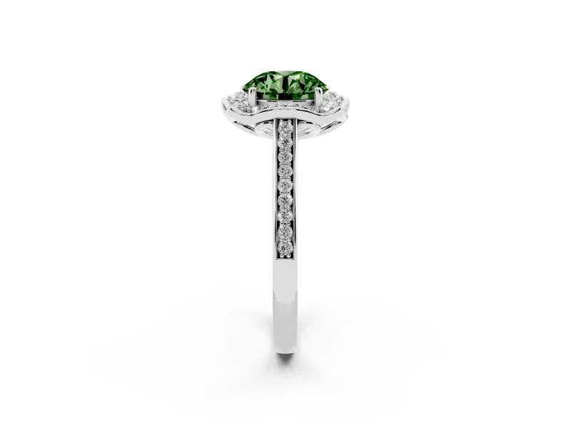 Round Halo Engagement Ring Setting for a Fancy Green Lab-Grown Diamond | Petal Tips | Platinum
