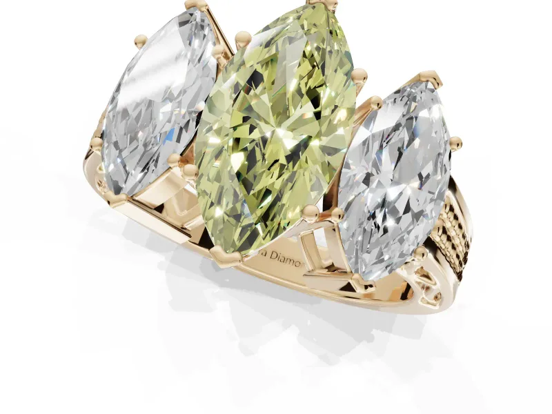 Marquise Three Stone Engagement Ring Setting for a Fancy Yellow Lab-Grown Diamond | Beaded Shoulders | Yellow Gold
