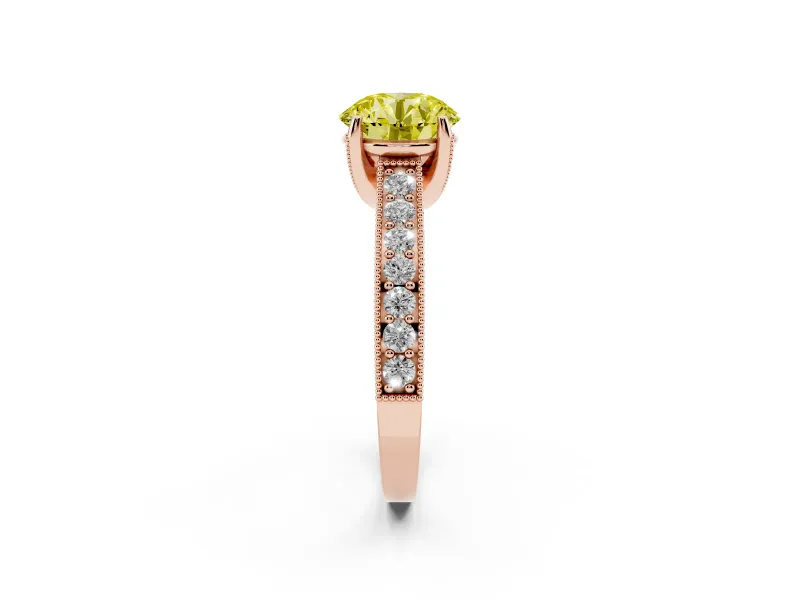 Round Vintage Hidden Halo Engagement Ring Setting for a Fancy Yellow Lab-Grown Diamond | Milgrain Pave Band | Rose Gold