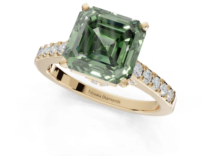 Asscher Cut Pavé Solitaire Engagement Ring Setting for a Fancy Green Lab-Grown Diamond | Crossover Gallery | Yellow Gold