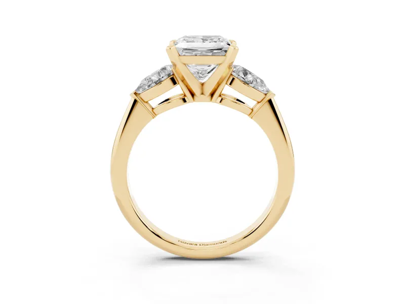 Three-Stone Princess Cut Diamond Ring Set in Yellow gold with Pear Side Stones and Prong Setting