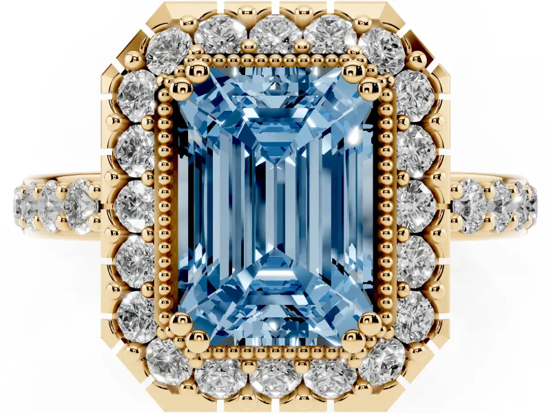 Emerald Cut Milgrain Halo Engagement Ring Setting for a Fancy Blue Lab-Grown Diamond | Pavé Shoulders | Yellow Gold