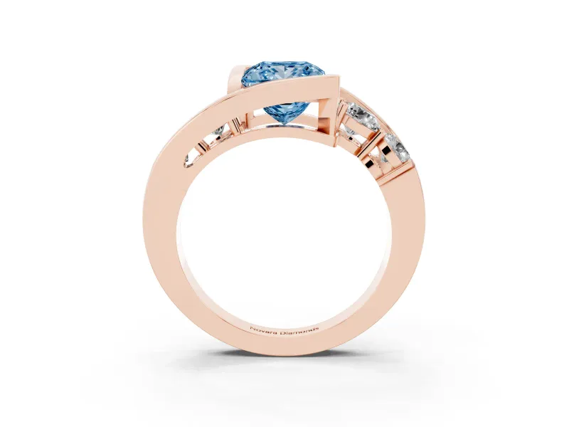 Fancy Blue Princess Cut Diamond Bezel Bypass Ring Set in Rose gold with Round Accents