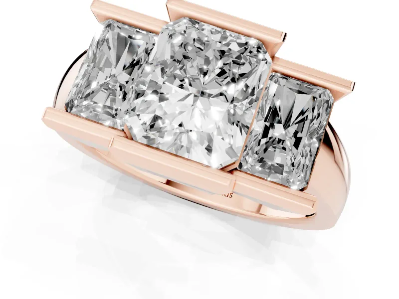 Radiant Cut Channel-Set Three Stone Engagement Ring Setting | Wide Flat Band | Rose Gold