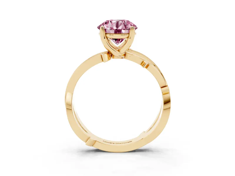 Fancy Pink Round Cut Diamond Pavé Twist Band Solitaire Ring Set in Yellow gold with Prong Setting