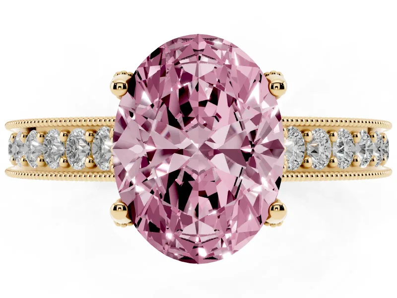 Oval Vintage Hidden Halo Engagement Ring Setting for a Fancy Pink Lab-Grown Diamond | Milgrain Pave Band | Yellow Gold