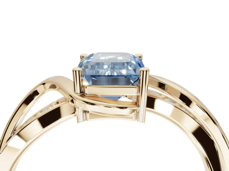 Emerald Cut Bypass Solitaire Engagement Ring Setting for a Fancy Blue Lab-Grown Diamond | Pavé Strands | Yellow Gold