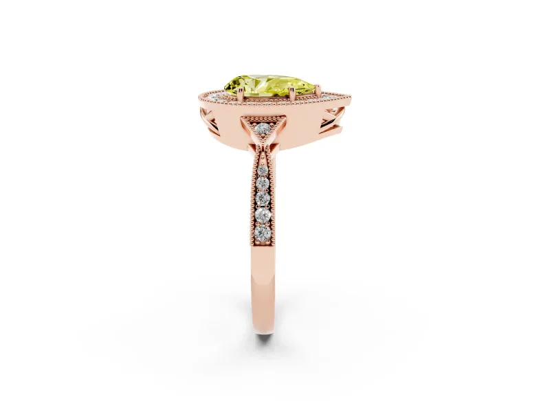 Fancy Yellow Pear Cut Diamond Halo Engagement Ring Set in Rose gold with Milgrain Pavé Band