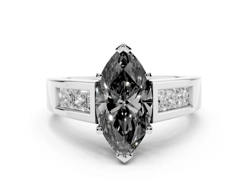 Fancy Black Marquise Cut Diamond Solitaire Ring Set in White gold with Channel-Set Accent Stones and Prong Setting