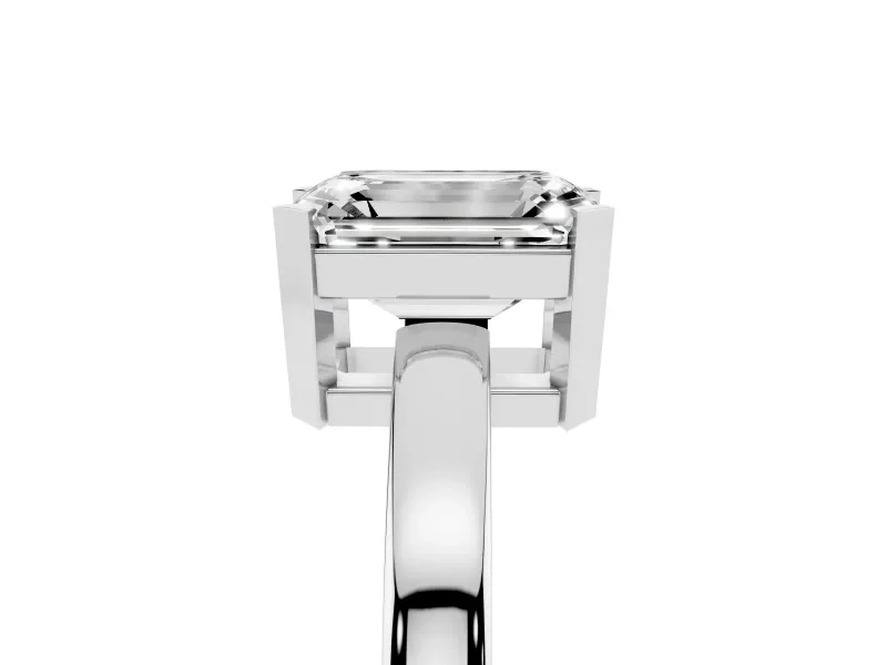 Emerald Cut Diamond Solitaire Ring Set in Silver with Prong Head and Smooth Polished Band
