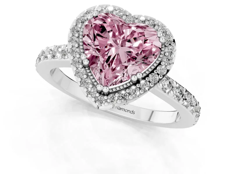 Fancy Pink Heart Cut Diamond Halo Engagement Ring Set in Silver with Milgrain Detail and Pavé Band