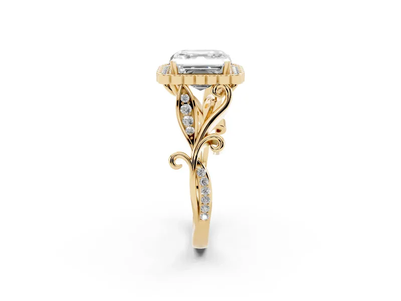 Asscher Cut Vintage Leaf Halo Engagement Ring Setting | Graduated Vine Shank | Yellow Gold