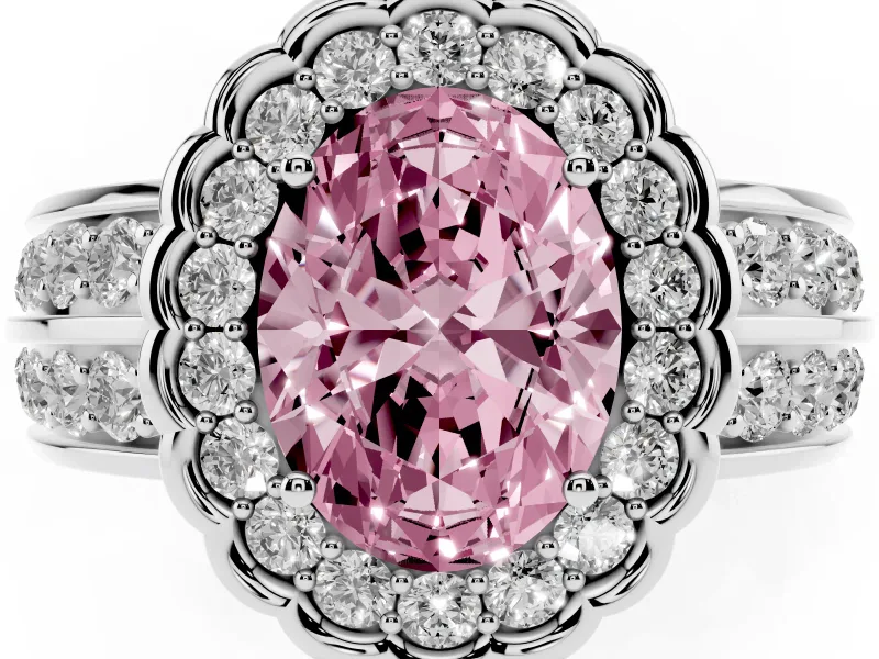 Fancy Pink Oval Cut Diamond Scalloped Halo Ring Set in White gold with Pavé Split Shank