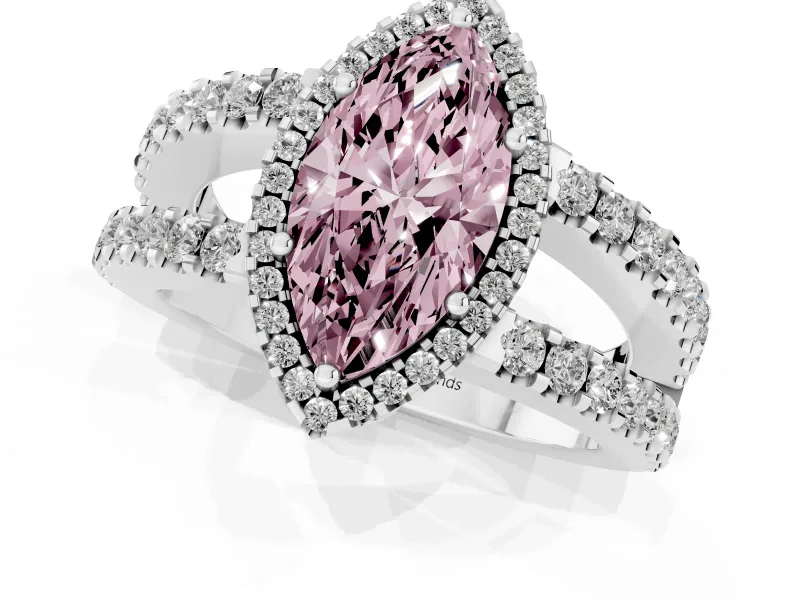 Fancy Pink Marquise Cut Diamond Halo Ring Set in White gold with Pavé Split Shank and Prong Setting