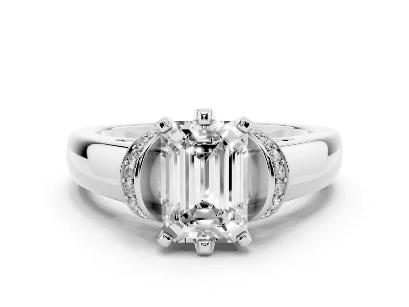 Emerald Cut Diamond Pavé Band Solitaire Ring Set in Silver with Prong Setting