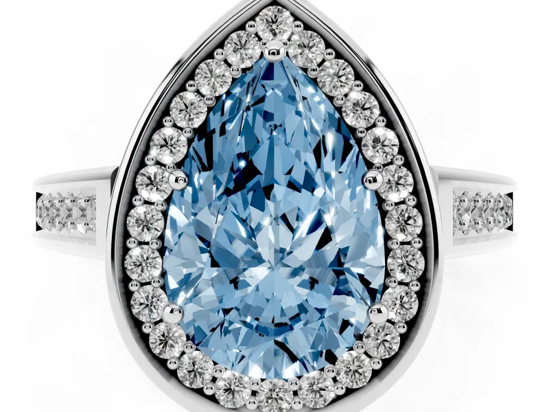 Fancy Blue Pear Cut Diamond Halo Solitaire Ring Set in Silver with Pavé Band and Bezel Setting