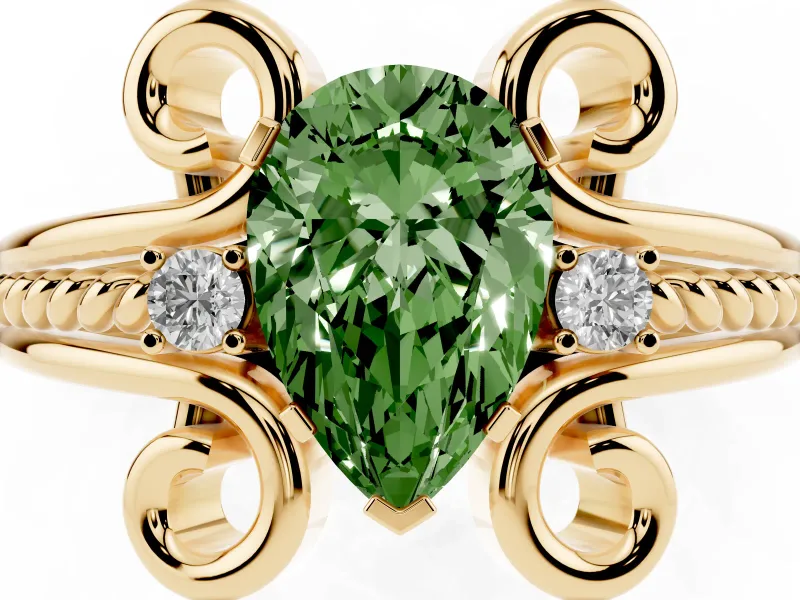 Pear-Shaped Scroll Engagement Ring Setting for a Fancy Green Lab-Grown Diamond | Yellow Gold