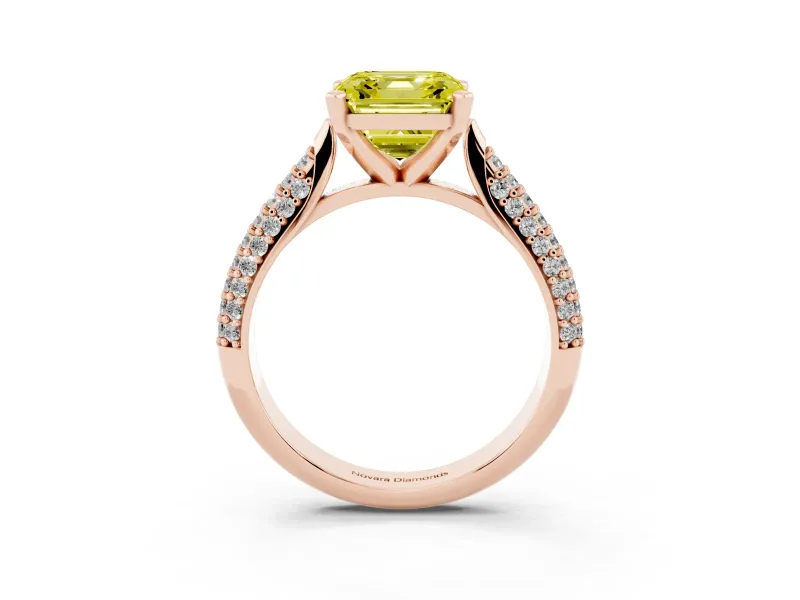 Fancy Yellow Asscher Cut Diamond Solitaire Engagement Ring Set in Rose gold with Multi-Row Round Pavé Band and Prong Setting