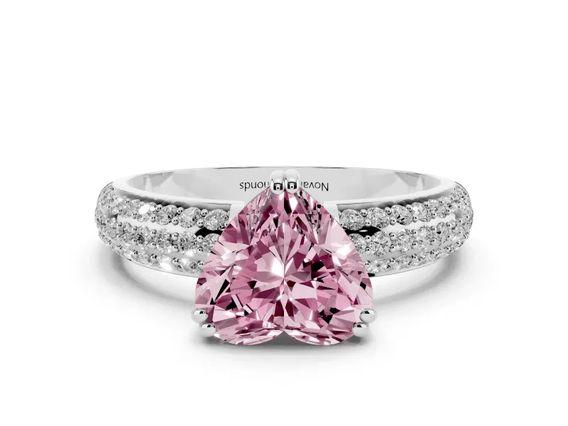 Fancy Pink Heart Cut Diamond Solitaire Ring Set in Silver with Multi-Row Round Pavé Band and Prong Setting