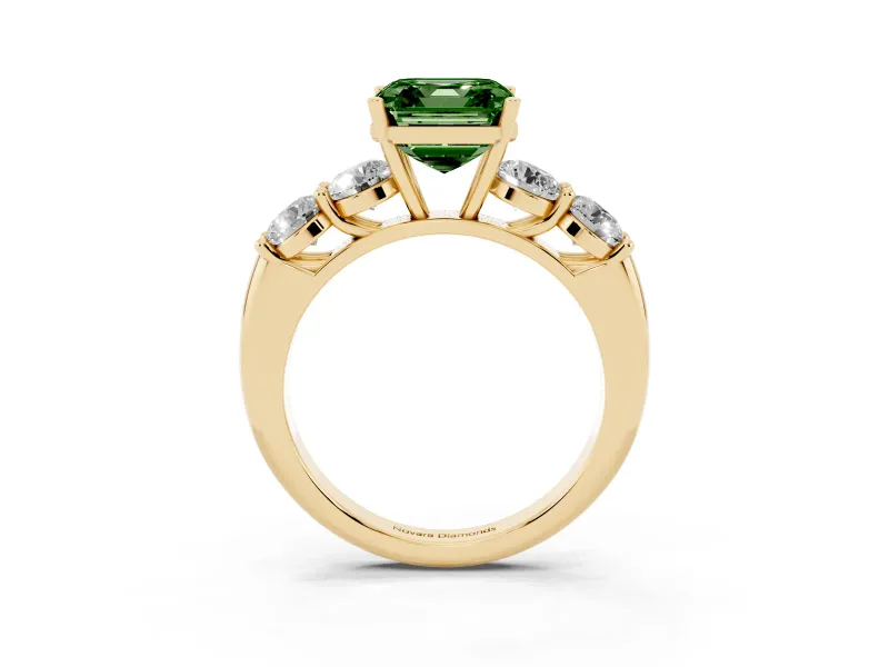 Asscher Cut Five Stone Engagement Ring Setting for a Fancy Green Lab-Grown Diamond | Prong Set Side Stones | Yellow Gold
