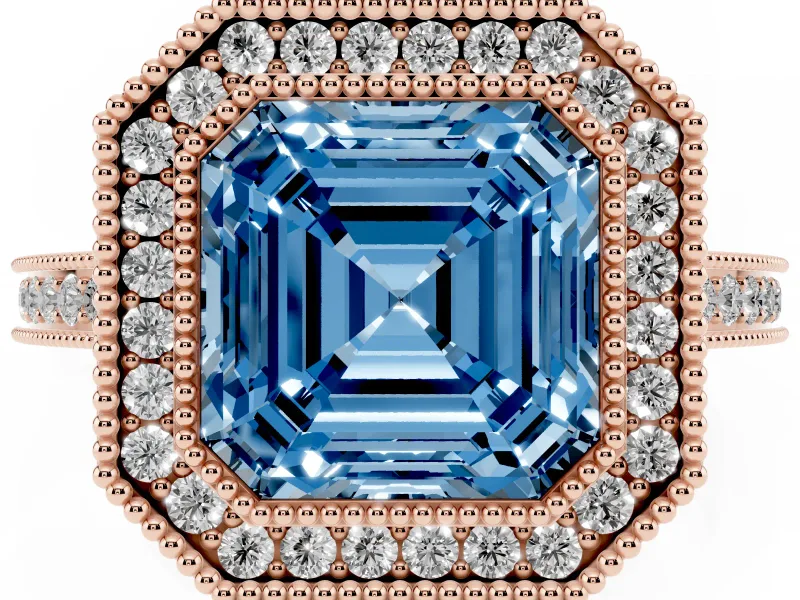 Fancy Blue Asscher Cut Diamond Halo Ring Set in Rose gold with Pavé Band and Milgrain-Edged Prongs