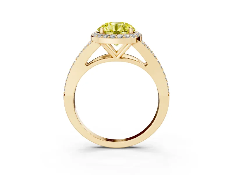 Round Halo Engagement Ring Setting for a Fancy Yellow Lab-Grown Diamond | Pave Split Shank | Yellow Gold