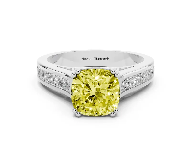 Fancy Yellow Cushion Cut Diamond Channel Set Solitaire Engagement Ring Set in Platinum with Prong Setting