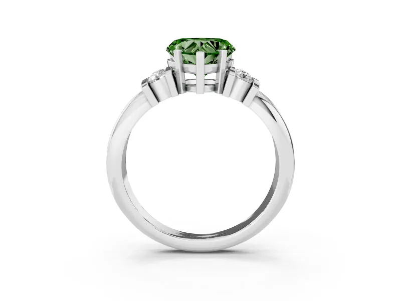 Fancy Green Three-Stone Heart Cut Diamond Channel Set Ring Set in White gold with Bar Prongs