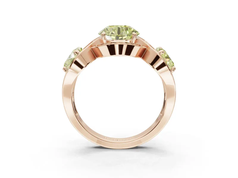 Round Three Stone Halo Engagement Ring Setting for a Fancy Yellow Lab-Grown Diamond | Pavé Wave Band | Rose Gold