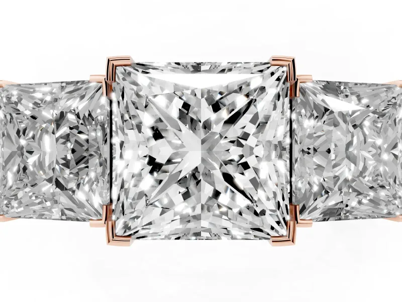 Princess Cut Three Stone Engagement Ring Setting | Large Side Stones | Rose Gold