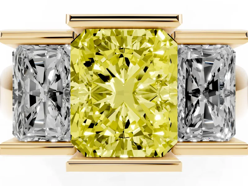 Radiant Cut Channel-Set Three Stone Engagement Ring Setting for a Fancy Yellow Lab-Grown Diamond | Yellow Gold