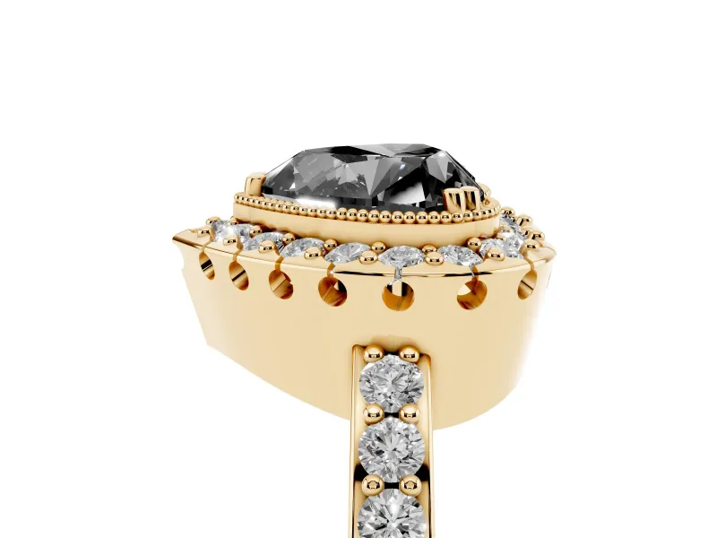 Heart-Shaped Milgrain Halo Engagement Ring Setting for a Black Center | Pavé Shoulders | Yellow Gold