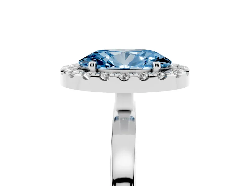 Fancy Blue Oval Cut Diamond Halo Solitaire Ring Set in Silver with Pavé Band and Prong Setting