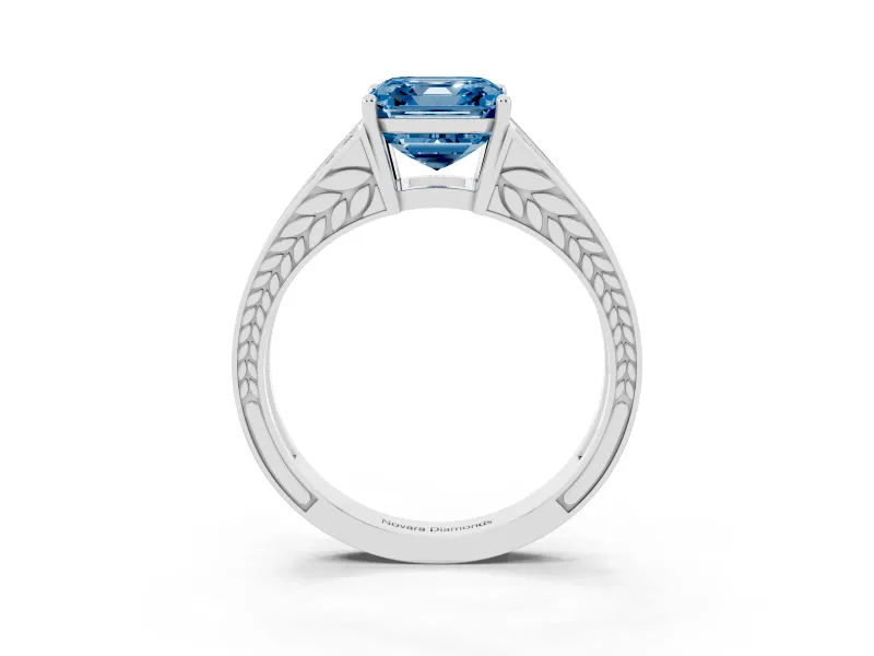 Fancy Blue Asscher Cut Diamond Split Shank Ring Set in White gold with Pavé Band and Prong Setting