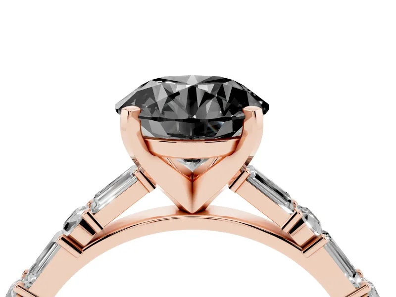 Fancy Black Round Cut Diamond Solitaire Set in Rose gold with Side Baguettes and Channel Set Band