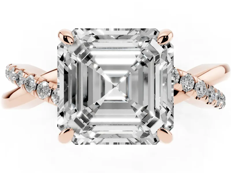 Asscher Cut Pavé Twist Engagement Ring Setting | Crossover Band | Rose Gold