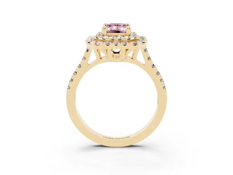 Fancy Pink Emerald Cut Diamond Double Halo Statement Ring Set in Yellow gold with Pavé Band