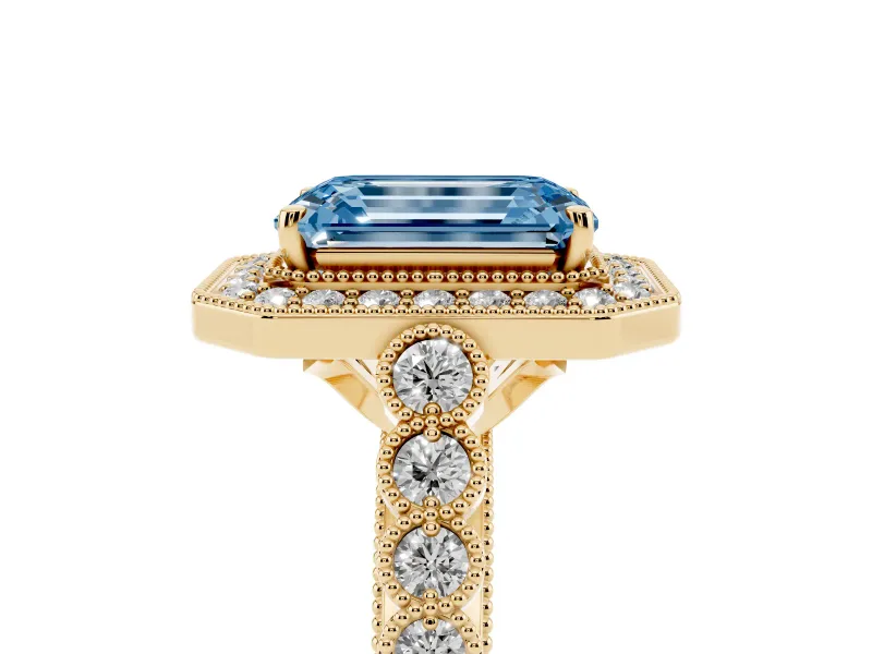 Emerald Cut Graduated Milgrain Halo Engagement Ring Setting for a Fancy Blue Lab-Grown Diamond | Yellow Gold