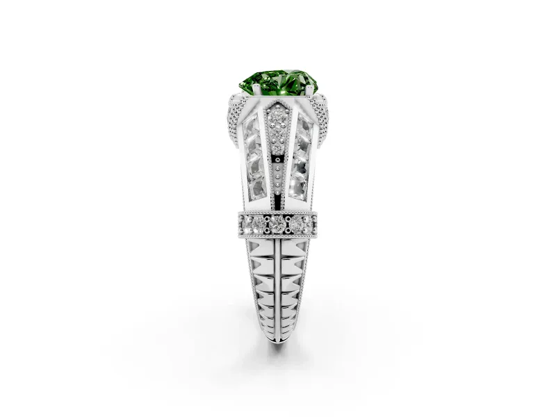 Fancy Green Heart Cut Diamond Vintage-Inspired Milgrain Ring Set in White gold with Accent Split Shank