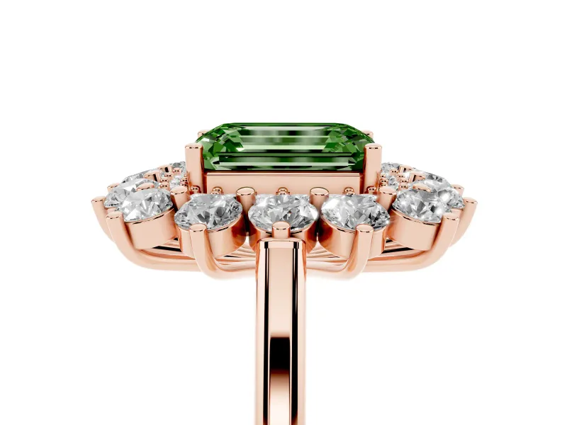 Emerald Cut Floral Double Halo Engagement Ring Setting for a Fancy Green Lab-Grown Diamond | Plain Band | Rose Gold
