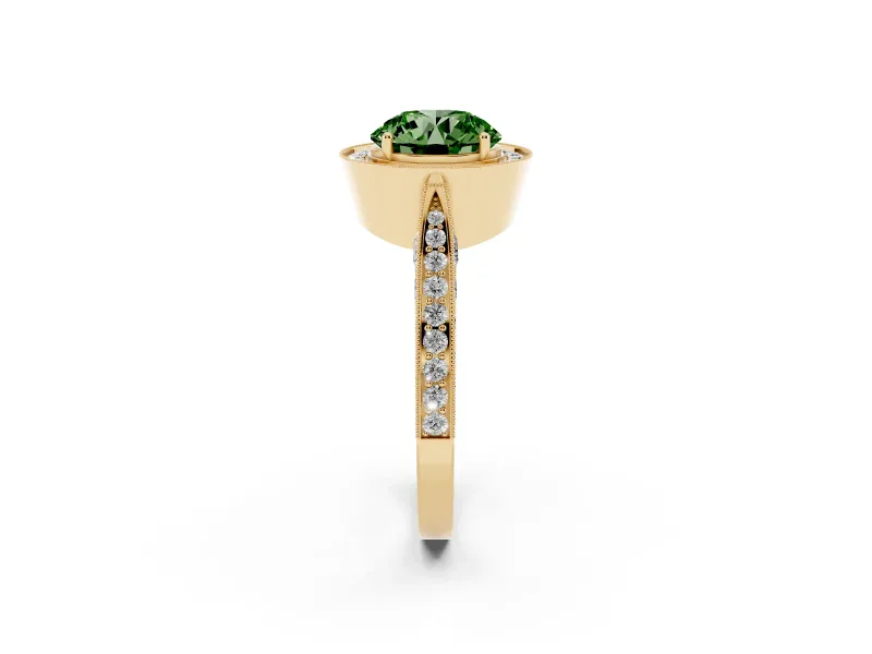 Round Milgrain Halo Engagement Ring Setting for a Fancy Green Lab-Grown Diamond | Side Stones | Yellow Gold