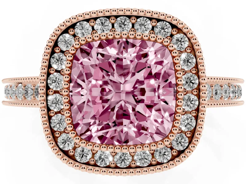 Cushion Cut Milgrain Halo Engagement Ring Setting for a Fancy Pink Lab-Grown Diamond | Rose Gold
