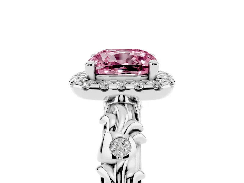 Cushion Cut Leaf Halo Engagement Ring Setting for a Fancy Pink Lab-Grown Diamond | Bezel Accents | Sterling Silver