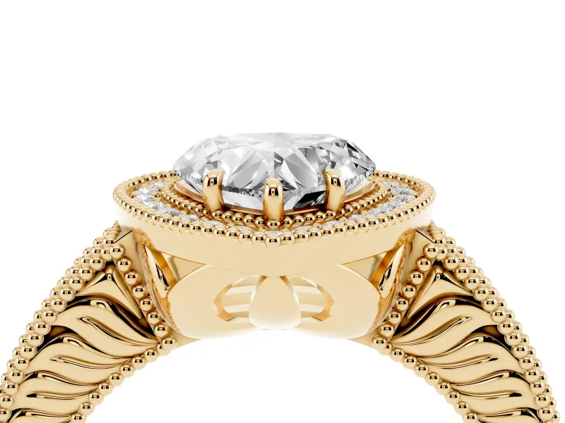 Heart Cut Diamond Halo Ring Set in Yellow gold with Round Accent Halo, Pavé Band and Prong Setting