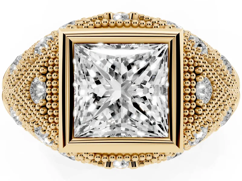 Princess Cut Diamond Bezel Ring Set in Yellow gold with Milgrain Accent Band