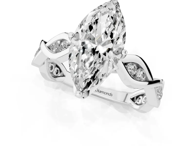 Marquise Cut Diamond Twist Band Solitaire Ring Set in Platinum with Leaf Prong Setting and Accent Stones