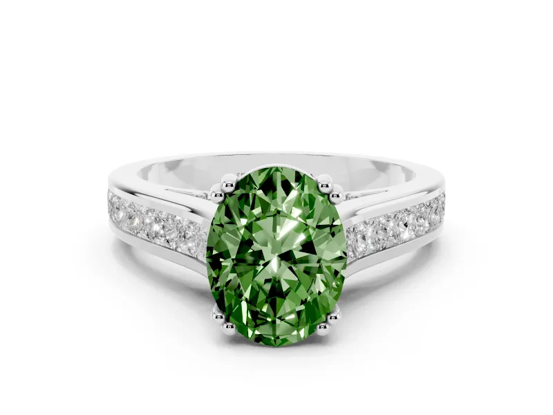 Fancy Green Oval Cut Diamond Channel Set Solitaire Engagement Ring Set in White gold with Prong Setting