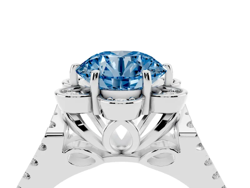 Round Petal Frame Floral Halo Engagement Ring Setting for a Fancy Blue Lab-Grown Diamond | Pavé Split Shank | White Gold