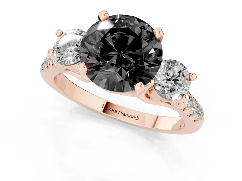 Round Three-Stone Pavé Engagement Ring Setting for a Black Center | Round Side Stones | Rose Gold